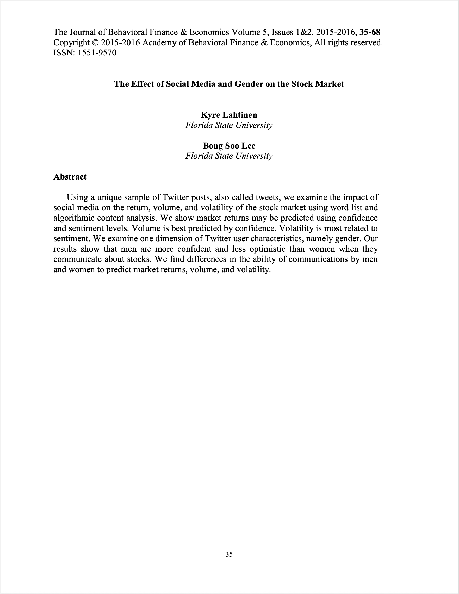 The Effect of Social Media and Gender on the Stock Market