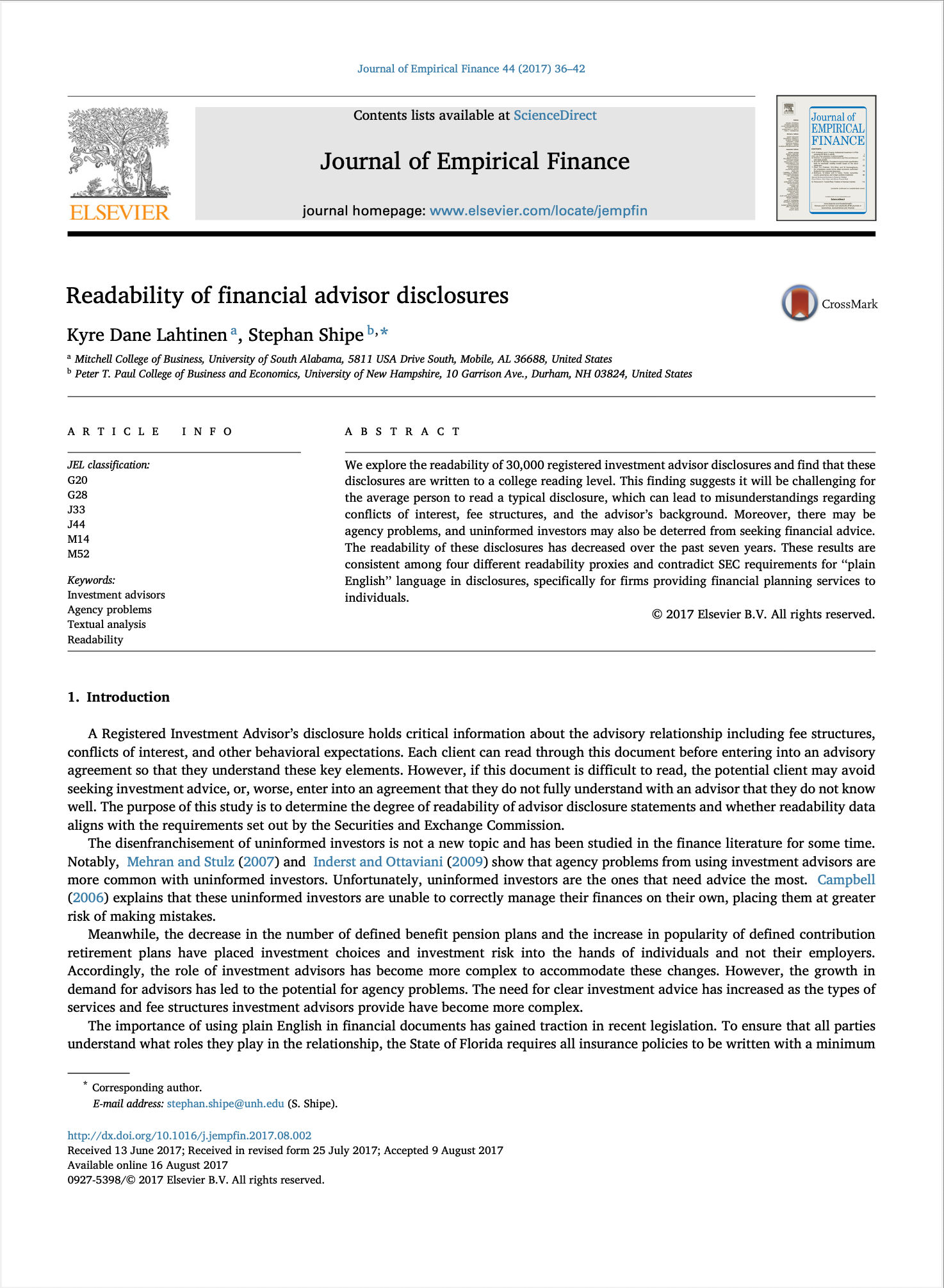 Readability of Financial Advisor Disclosures
