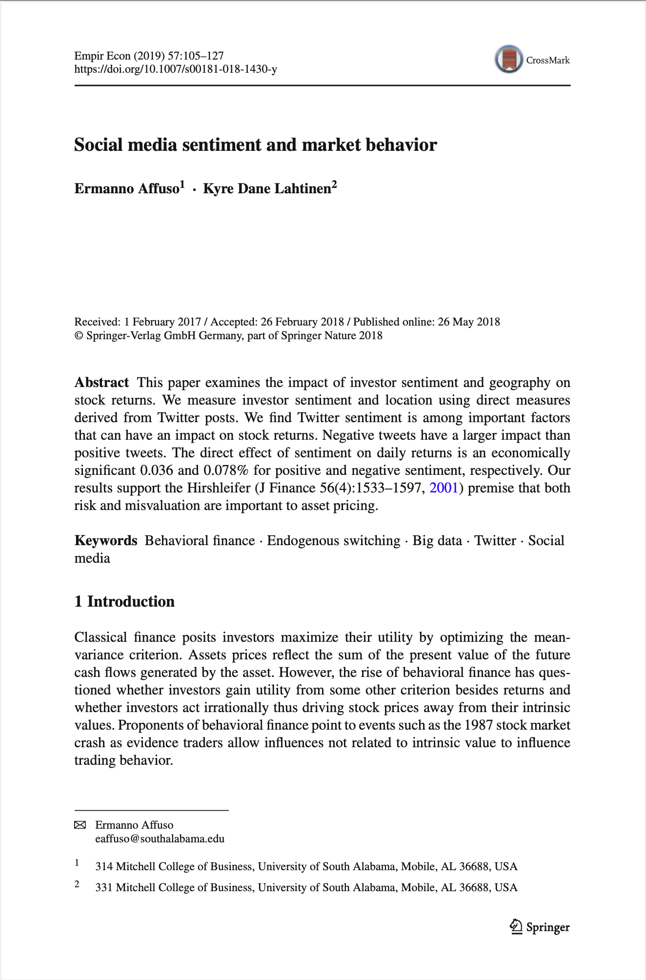 Social Media Sentiment and Market Behavior