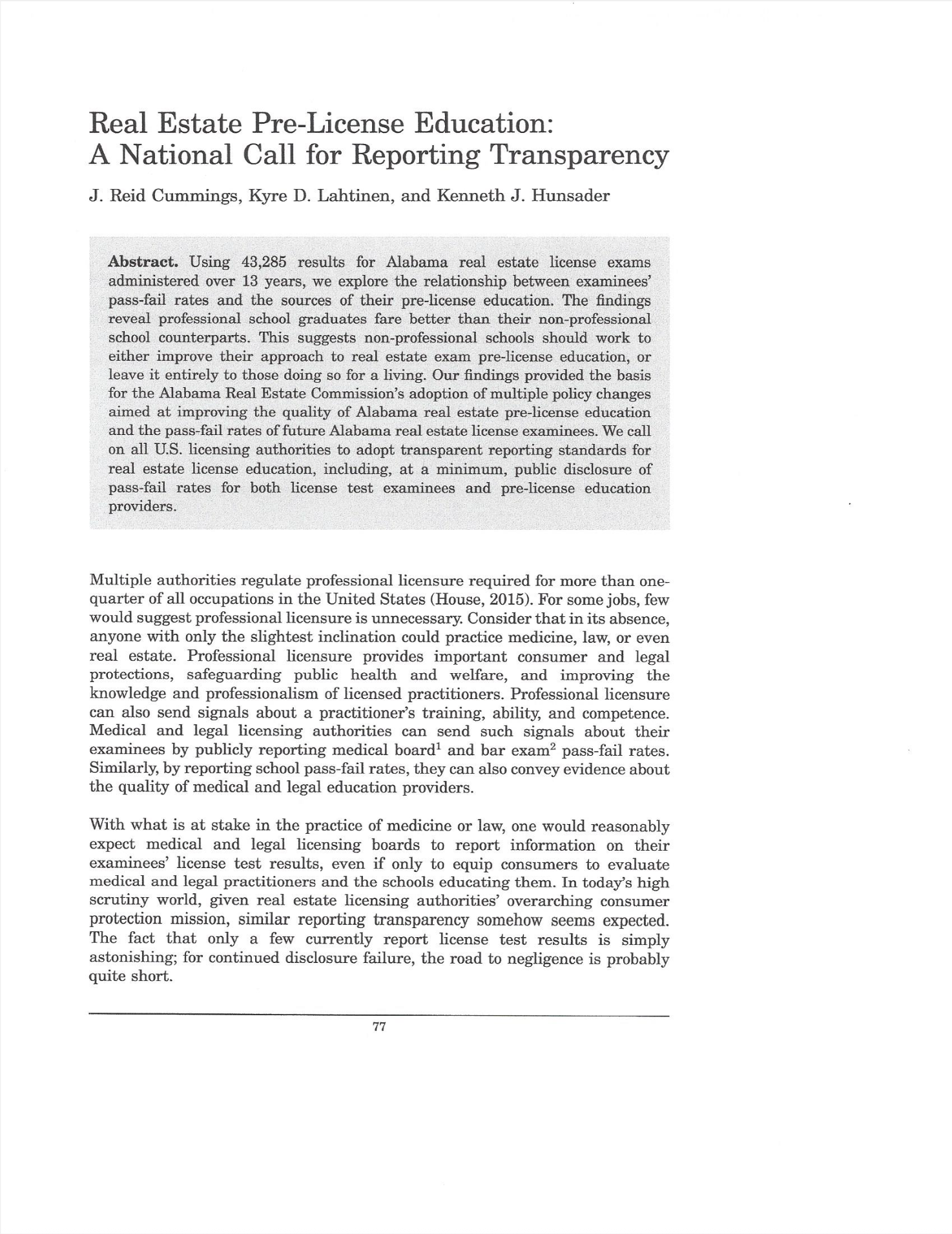 Real Estate Pre-License Education: A National Call for Reporting Transparency