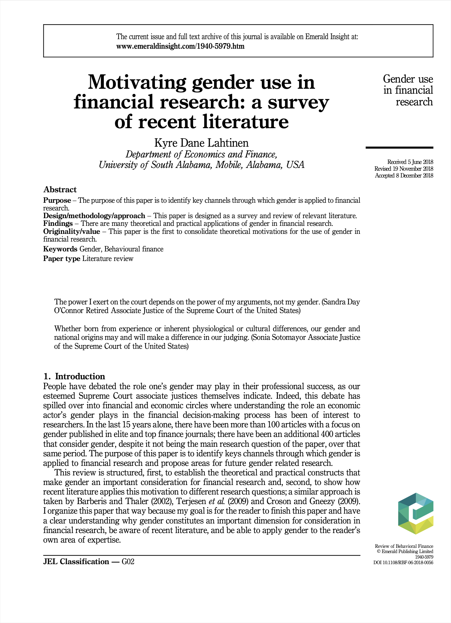 Motivating Gender Use in Financial Research: A Survey of Recent Literature