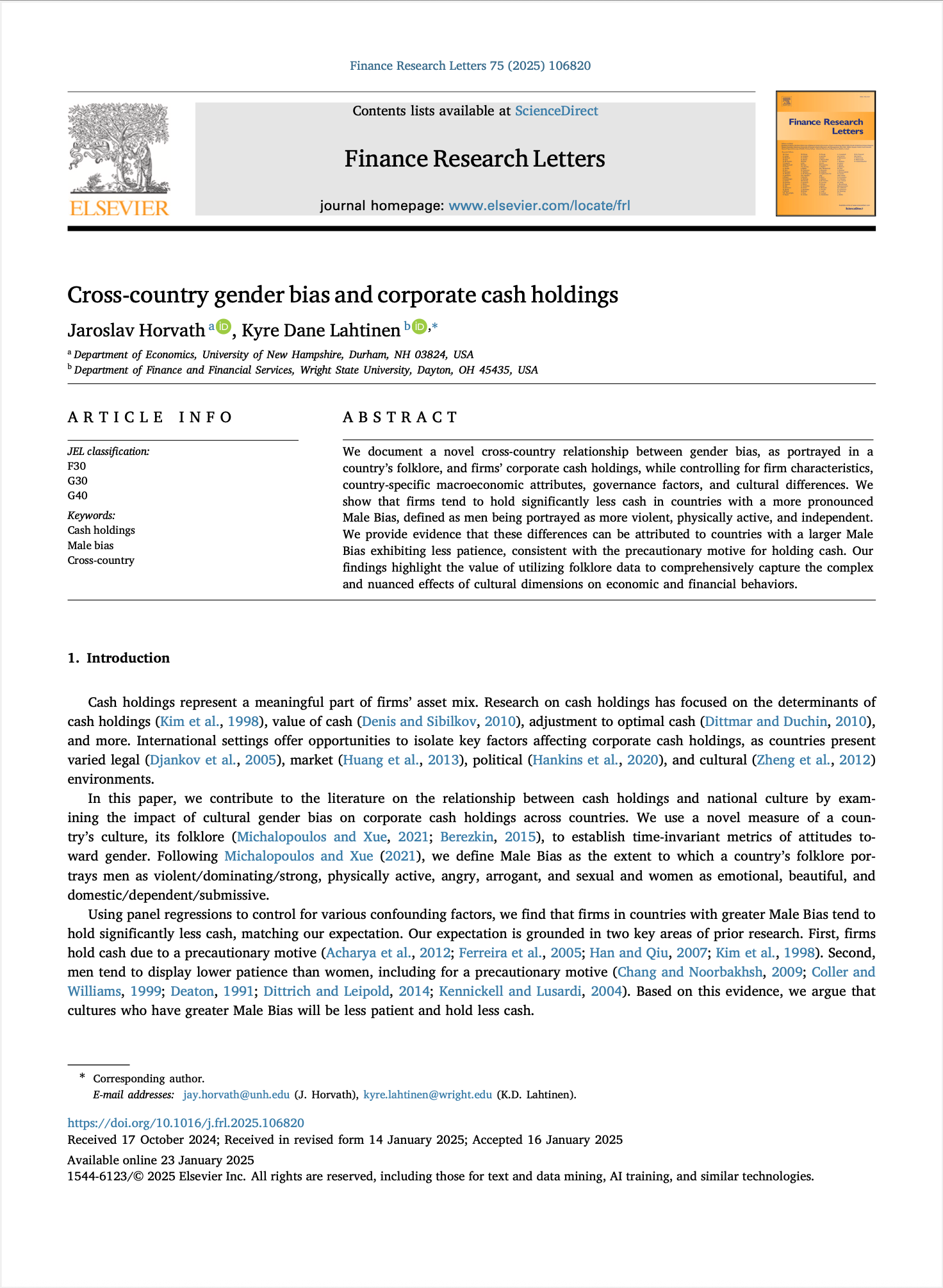 Cross-Country Gender Bias and Corporate Cash Holdings