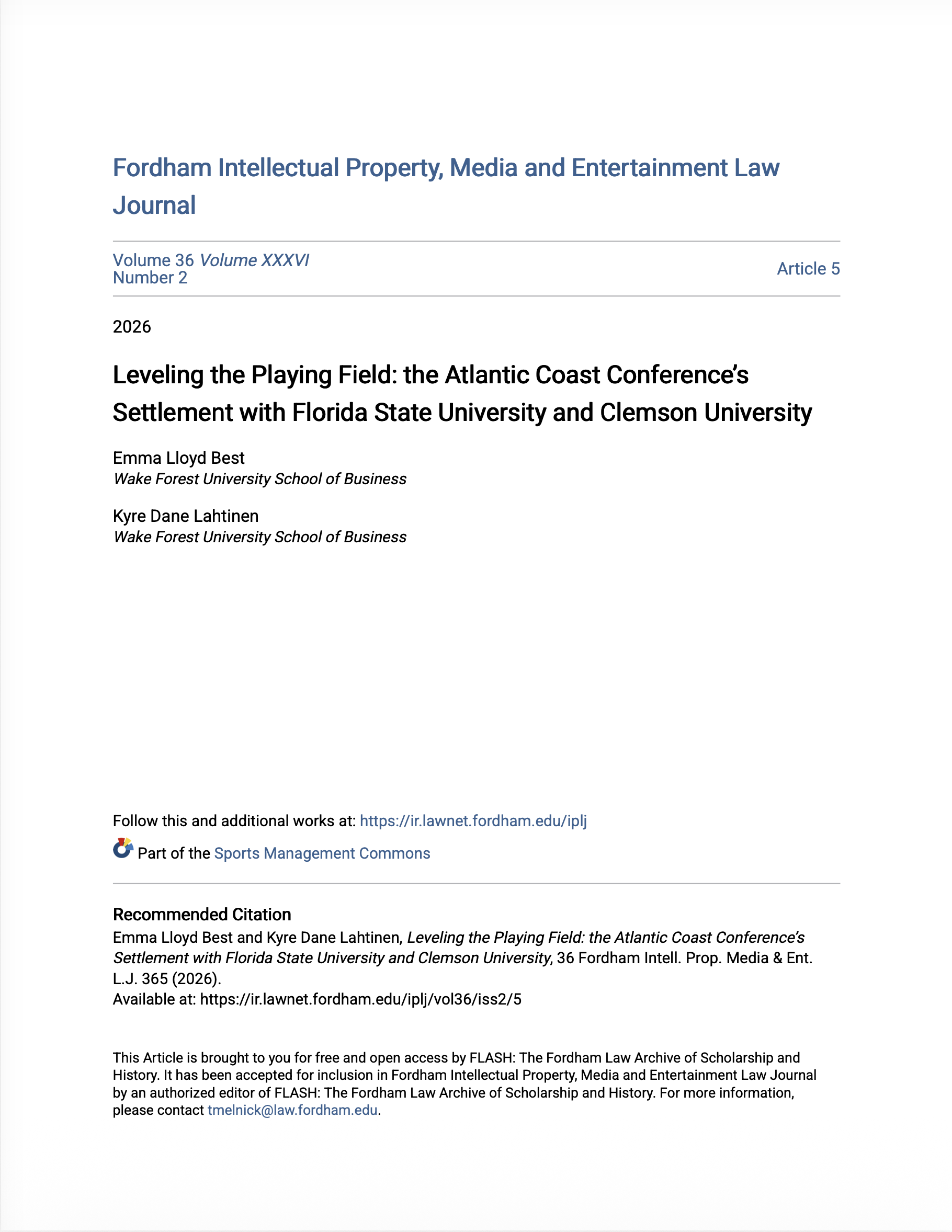 Leveling the Playing Field: The Atlantic Coast Conference’s Settlement with Florida State University and Clemson University